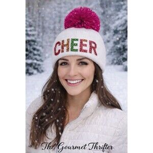 Mud Pie White “CHEERS” Sequin Pom Pom Beanie NWT Holiday Winter Hat